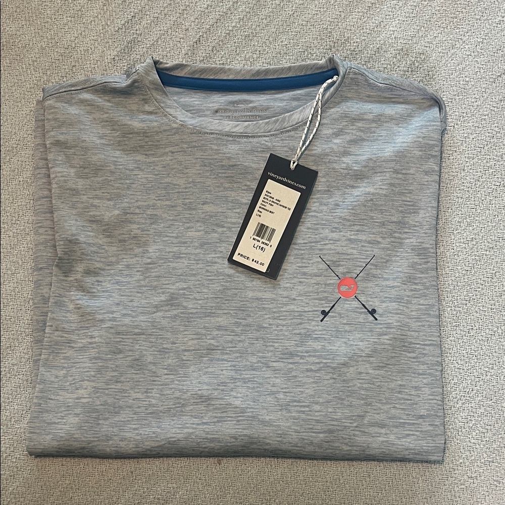 Vineyard Vines Gray Blue Long Sleeve Tee with Navy and Coral Logo Performance